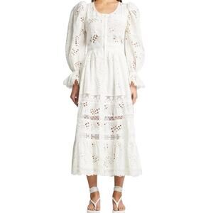 WAIMARI Cotton Eyelet Maxi Dress XS White Ruffle Lace La Perla Peasant Boho